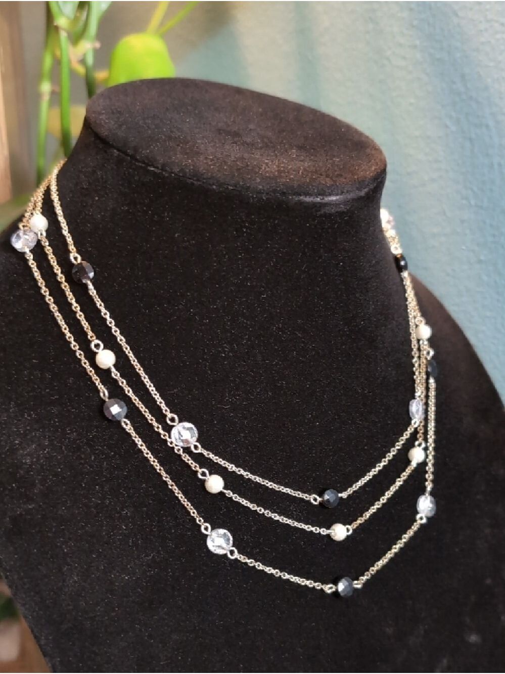 Layered Silver Chain Necklace with Black, White & Clear Beads